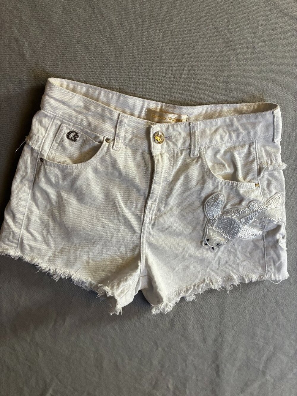 Carmen Steffens White Fish Denim Shorts Size XS Brazil Size 36 Raw Hem Festival